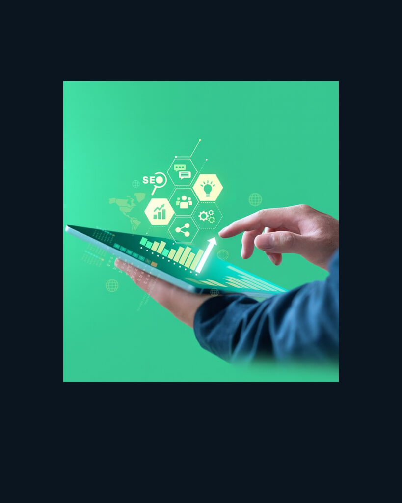 “Person using a tablet with floating digital icons above the screen on a green background, symbolizing digital technology, innovation, and online services.”