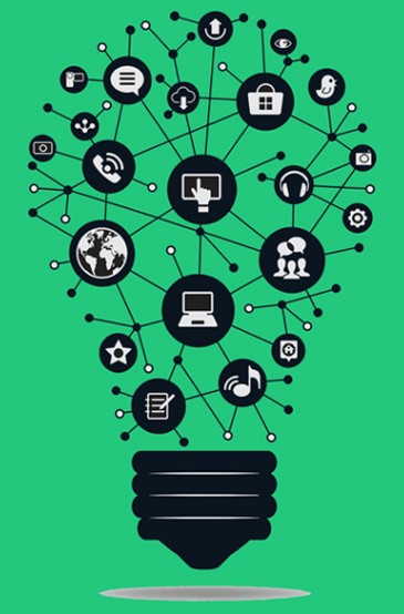 “Illustration of a light bulb formed by connected digital icons, representing ideas, innovation, technology, and digital marketing.”